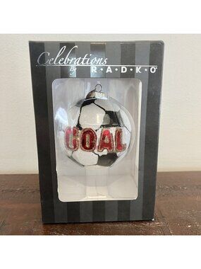CHRISTOPHER RADKO Celebrations Soccer Ball Goal Hand Blown Glitter Ornament 2008